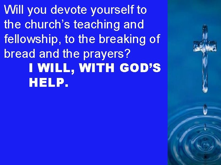 Will you devote yourself to the church’s teaching and fellowship, to the breaking of