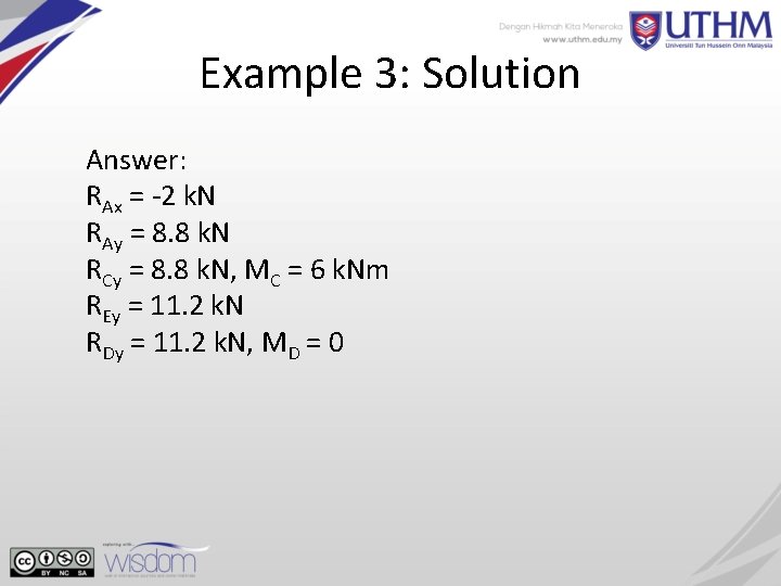 Example 3: Solution Answer: RAx = -2 k. N RAy = 8. 8 k.