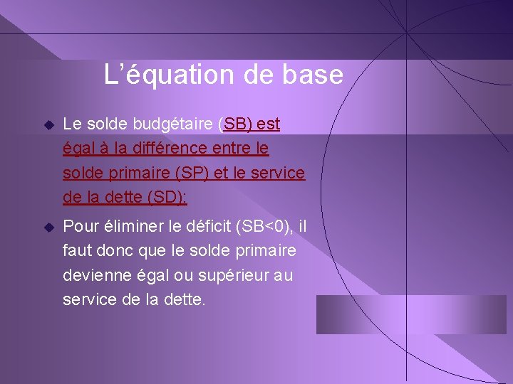 L’équation de base u Le solde budgétaire (SB) est égal à la différence entre