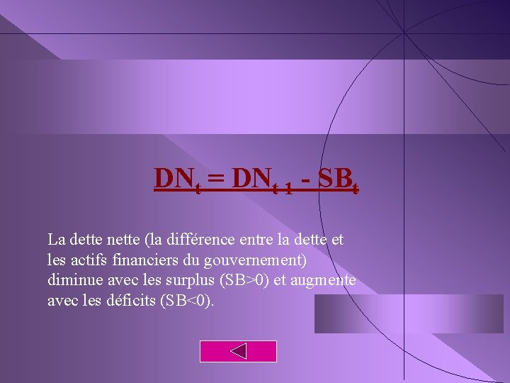 DNt = DNt-1 - SBt La dette nette (la différence entre la dette et