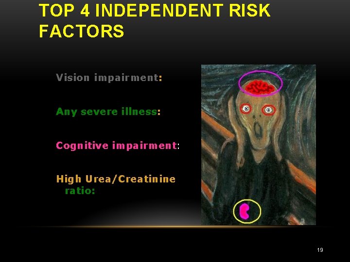 TOP 4 INDEPENDENT RISK FACTORS Vision impairment: impairment Any severe illness: illness Cognitive impairment: