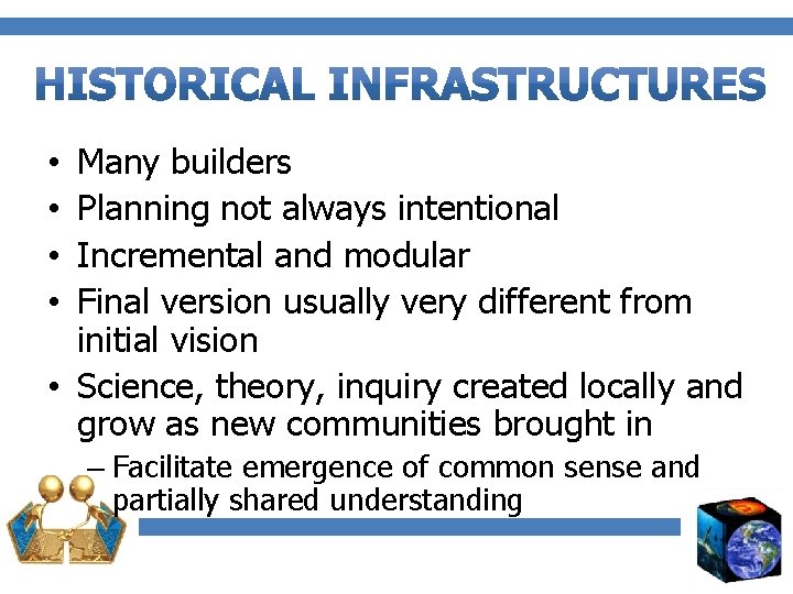 Many builders Planning not always intentional Incremental and modular Final version usually very different