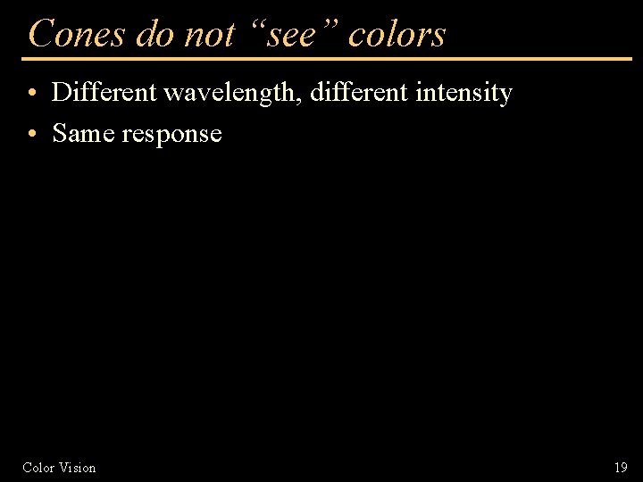 Cones do not “see” colors • Different wavelength, different intensity • Same response Color