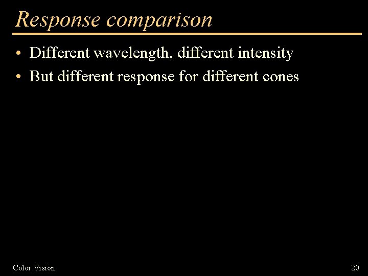 Response comparison • Different wavelength, different intensity • But different response for different cones