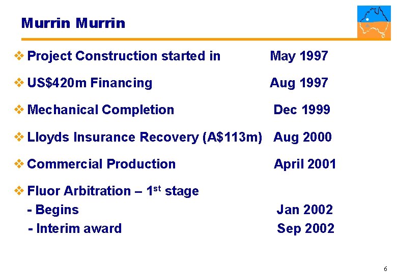 Murrin v Project Construction started in May 1997 v US$420 m Financing Aug 1997