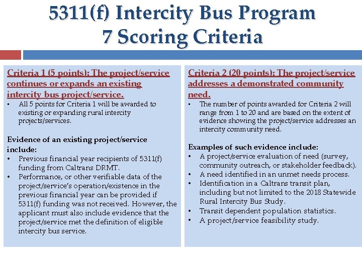 5311(f) Intercity Bus Program 7 Scoring Criteria 1 (5 points): The project/service continues or