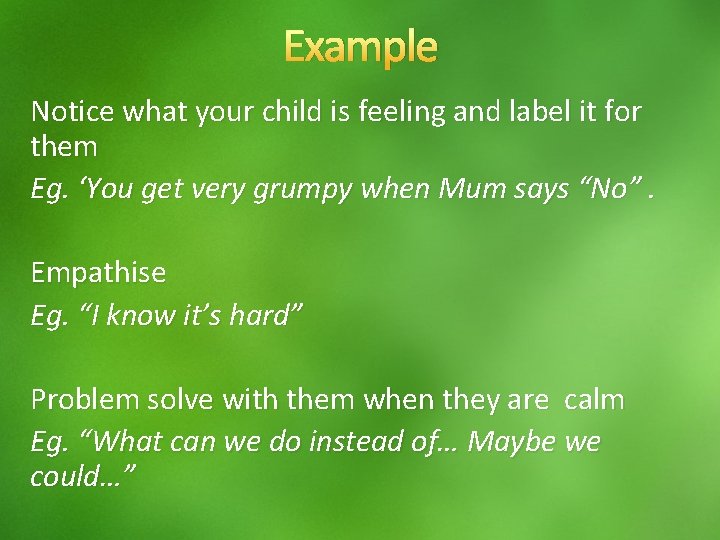 Example Notice what your child is feeling and label it for them Eg. ‘You