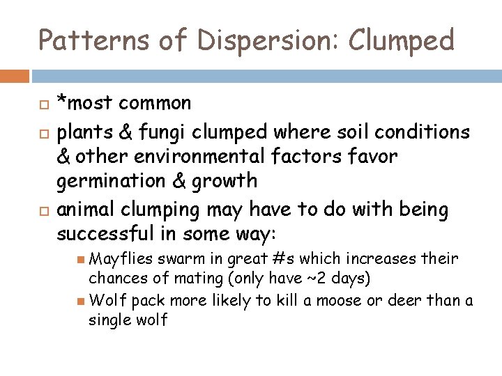 Patterns of Dispersion: Clumped *most common plants & fungi clumped where soil conditions &