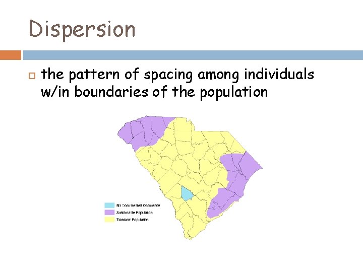 Dispersion the pattern of spacing among individuals w/in boundaries of the population 