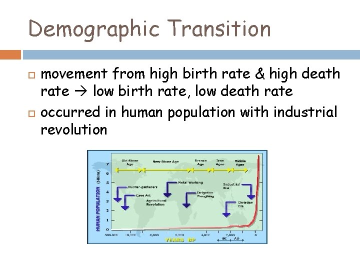 Demographic Transition movement from high birth rate & high death rate low birth rate,
