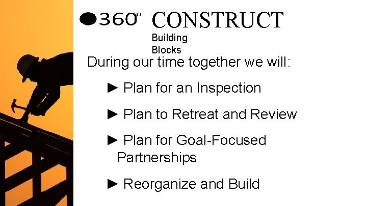 CONSTRUCT Building Blocks During our time together we will: ► Plan for an Inspection