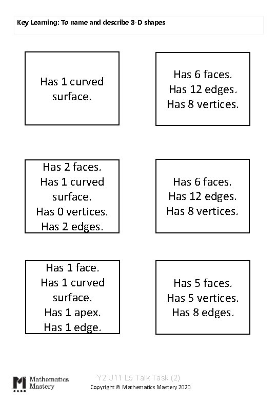 Key Learning: To name and describe 3 -D shapes Has 1 curved surface. Has