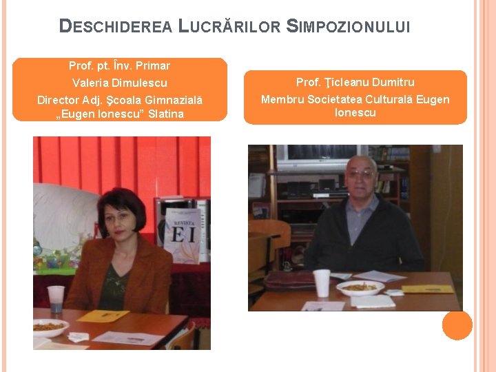 DESCHIDEREA LUCRĂRILOR SIMPOZIONULUI Prof. pt. Înv. Primar Valeria Dimulescu Prof. Ţicleanu Dumitru Director Adj.
