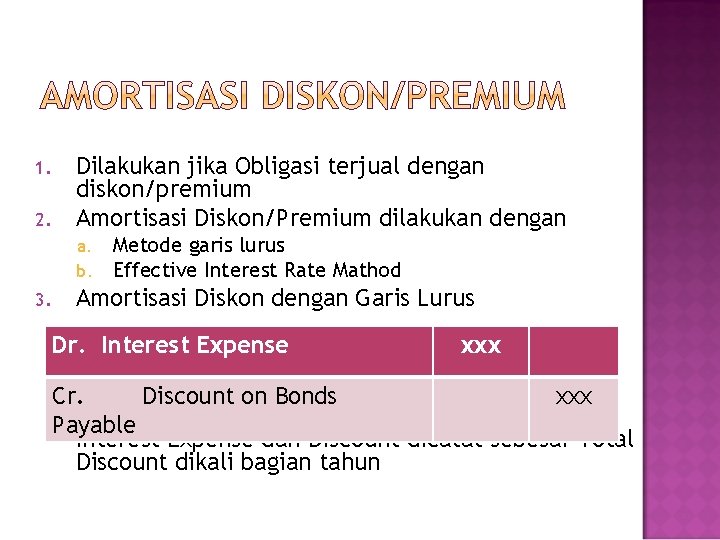 1. 2. Dilakukan jika Obligasi terjual dengan diskon/premium Amortisasi Diskon/Premium dilakukan dengan a. b.