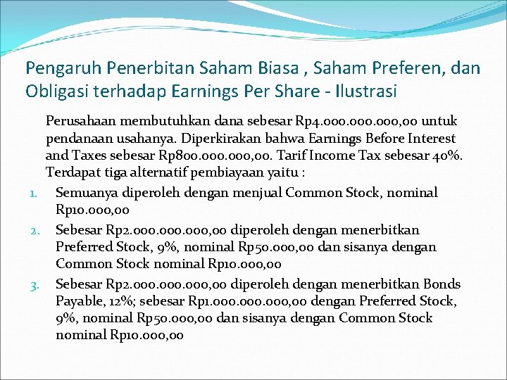 Pengaruh Penerbitan Saham Biasa , Saham Preferen, dan Obligasi terhadap Earnings Per Share -