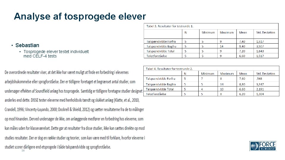 Analyse af tosprogede elever • Sebastian • Tosprogede elever testet individuelt med CELF-4 tests