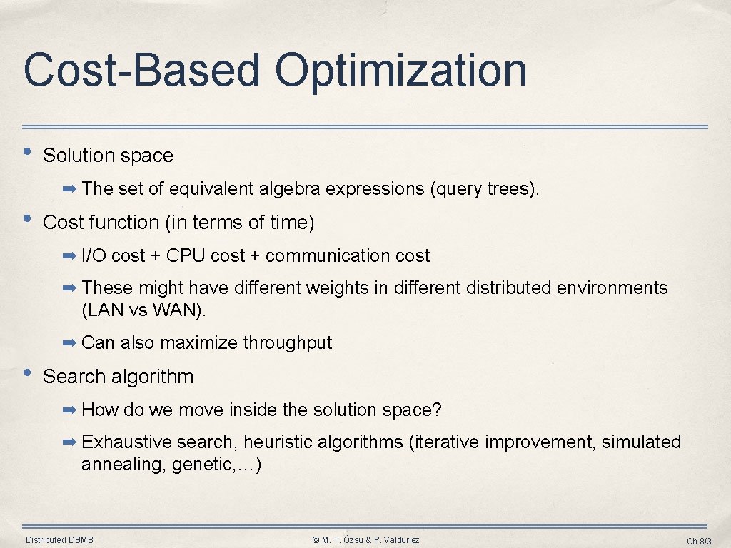 Cost-Based Optimization • Solution space ➡ The set of equivalent algebra expressions (query trees). Cost-Based Optimization • Solution space ➡ The set of equivalent algebra expressions (query trees).