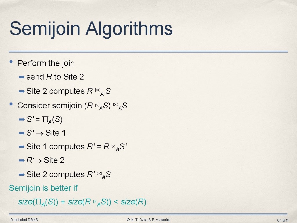 Semijoin Algorithms • Perform the join ➡ send R to Site 2 ➡ Site Semijoin Algorithms • Perform the join ➡ send R to Site 2 ➡ Site