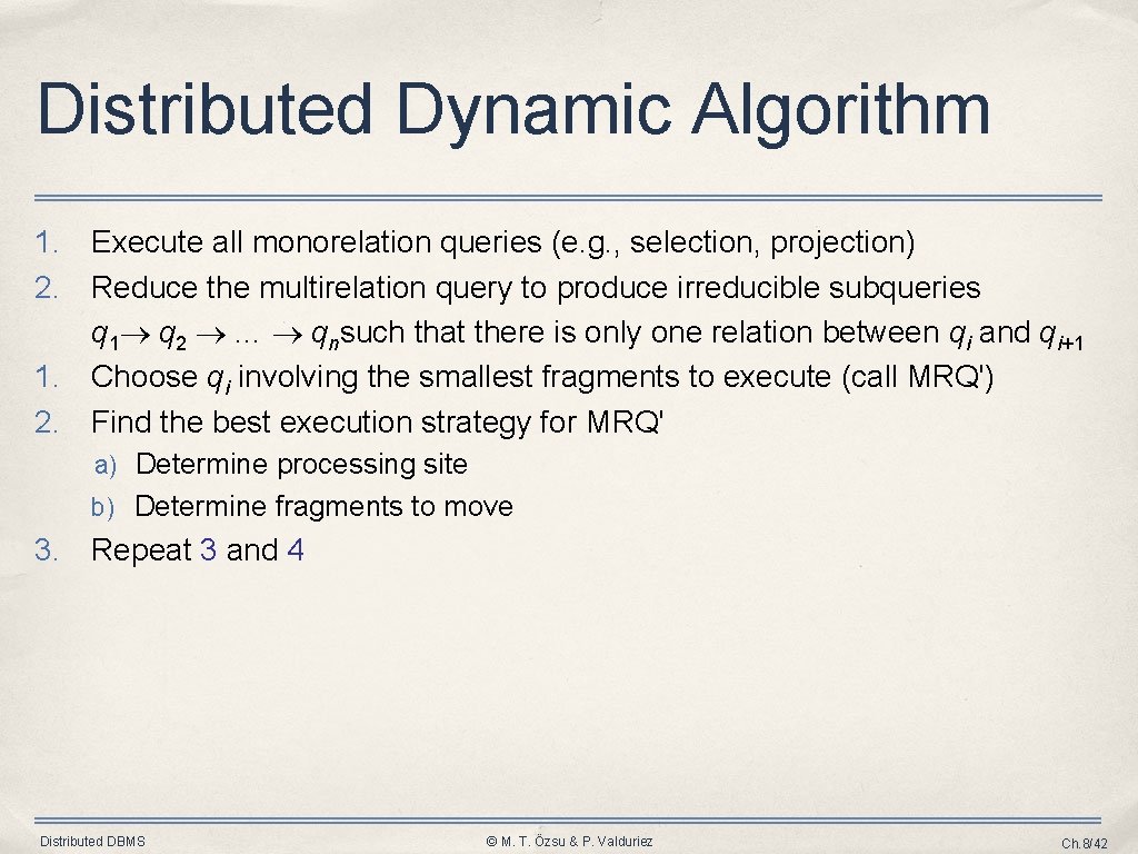 Distributed Dynamic Algorithm 1. Execute all monorelation queries (e. g. , selection, projection) 2. Distributed Dynamic Algorithm 1. Execute all monorelation queries (e. g. , selection, projection) 2.