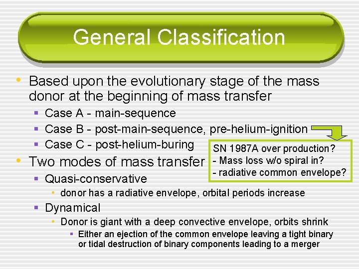 General Classification • Based upon the evolutionary stage of the mass donor at the