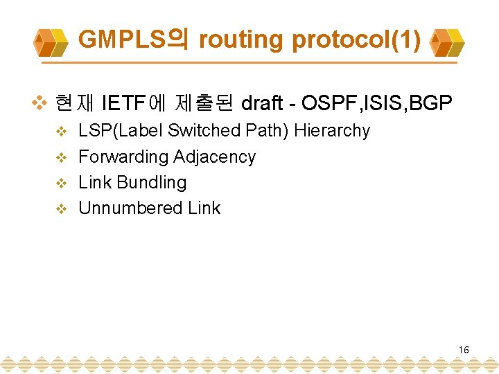 GMPLS의 routing protocol(1) v 현재 IETF에 제출된 draft - OSPF, ISIS, BGP LSP(Label Switched
