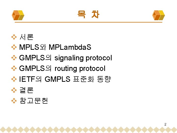 목 차 v 서론 v MPLS와 MPLambda. S v GMPLS의 signaling protocol v GMPLS의