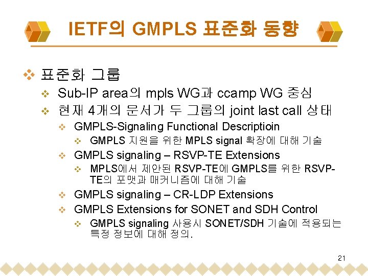 IETF의 GMPLS 표준화 동향 v 표준화 그룹 Sub-IP area의 mpls WG과 ccamp WG 중심