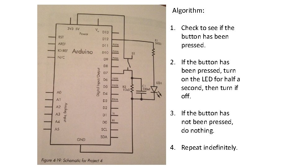 Algorithm: 1. Check to see if the button has been pressed. 2. If the