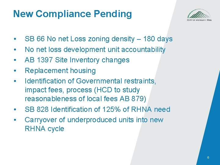 New Compliance Pending • • SB 66 No net Loss zoning density – 180