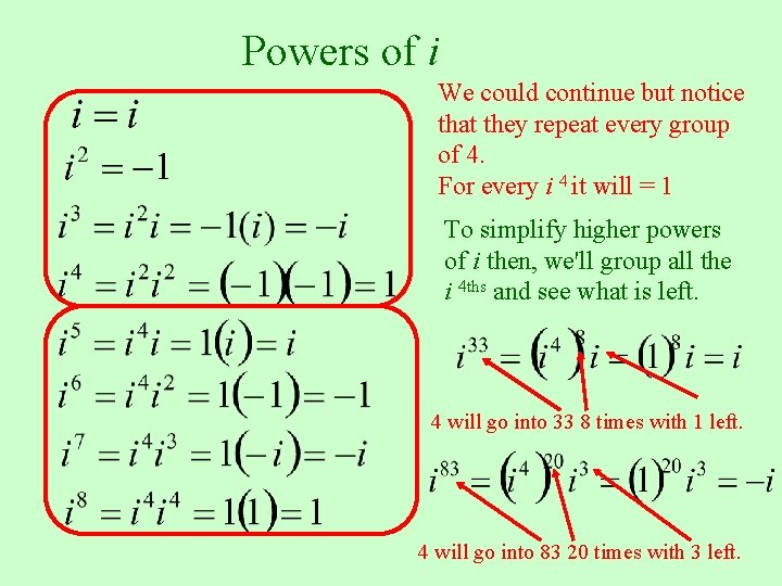 Powers of i We could continue but notice that they repeat every group of