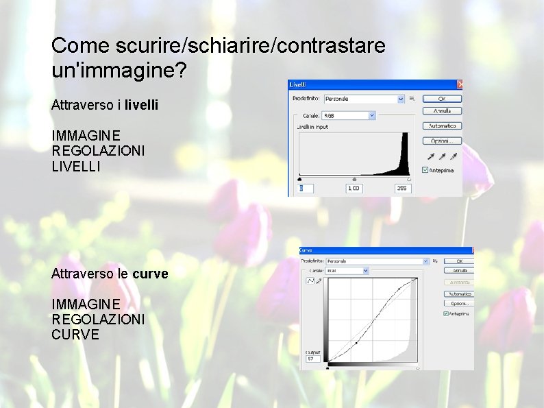 Come scurire/schiarire/contrastare un'immagine? Attraverso i livelli IMMAGINE REGOLAZIONI LIVELLI Attraverso le curve IMMAGINE REGOLAZIONI