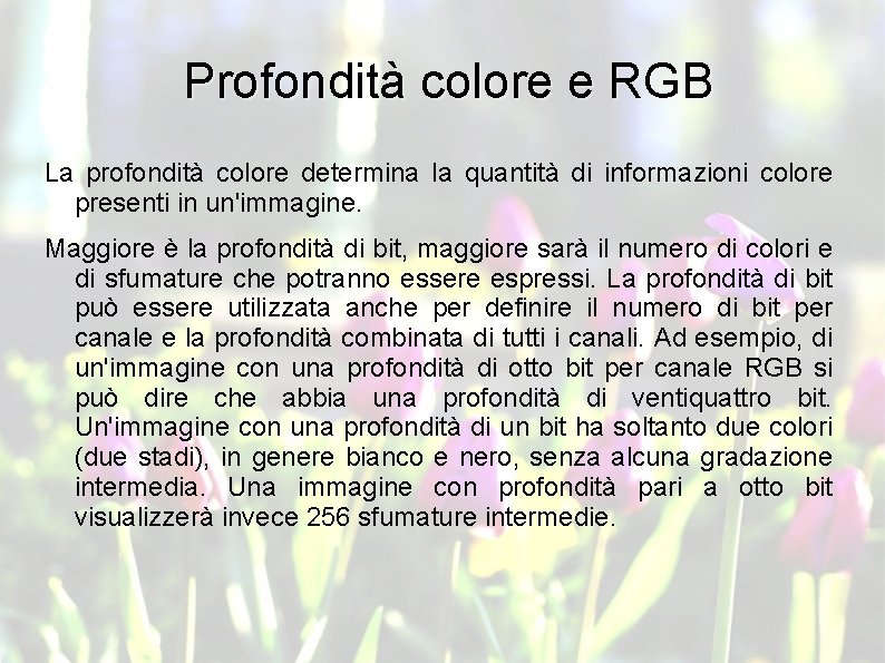 Profondità colore e RGB La profondità colore determina la quantità di informazioni colore presenti