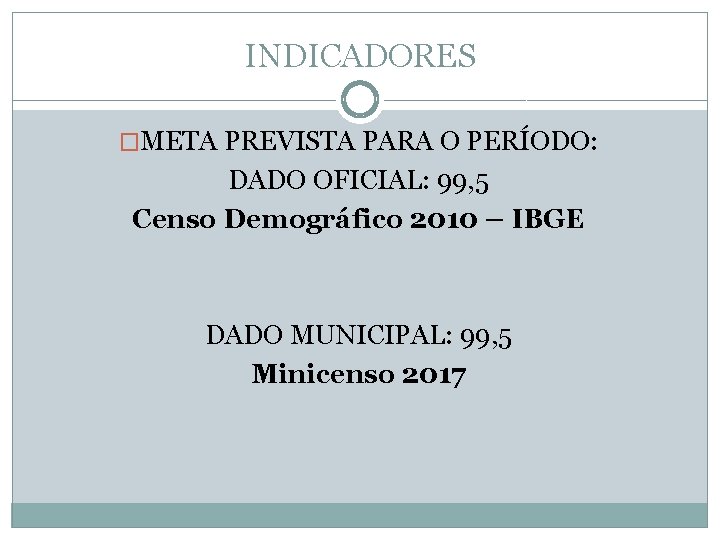 INDICADORES �META PREVISTA PARA O PERÍODO: DADO OFICIAL: 99, 5 Censo Demográfico 2010 –