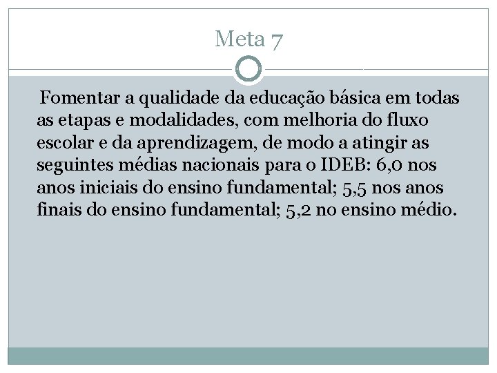 Meta 7 Fomentar a qualidade da educação básica em todas as etapas e modalidades,