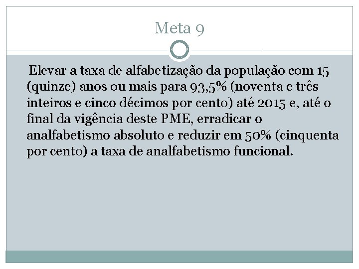 Meta 9 Elevar a taxa de alfabetização da população com 15 (quinze) anos ou