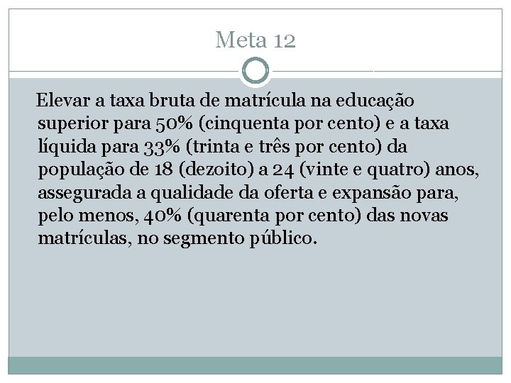 Meta 12 Elevar a taxa bruta de matrícula na educação superior para 50% (cinquenta