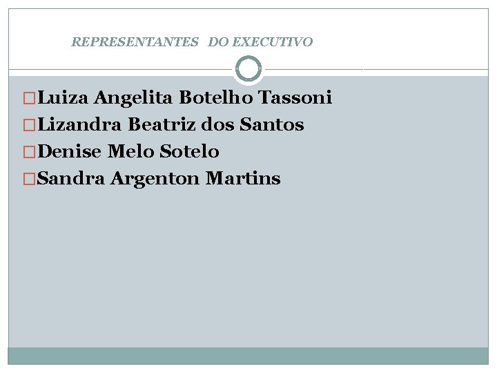 REPRESENTANTES DO EXECUTIVO �Luiza Angelita Botelho Tassoni �Lizandra Beatriz dos Santos �Denise Melo Sotelo