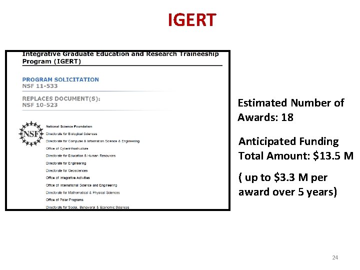 IGERT Estimated Number of Awards: 18 Anticipated Funding Total Amount: $13. 5 M (