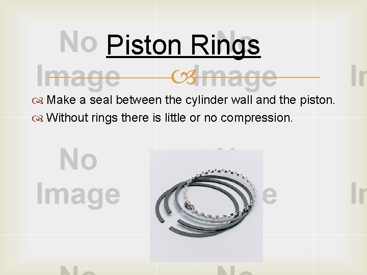 Piston Rings Make a seal between the cylinder wall and the piston. Without rings