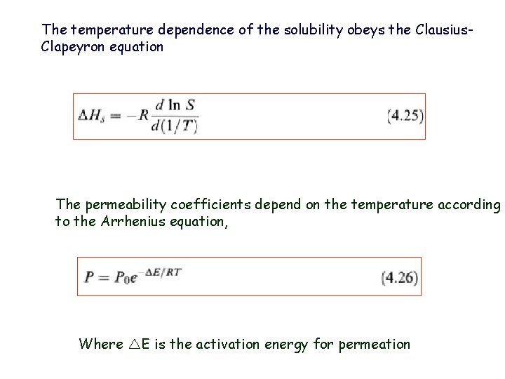 The temperature dependence of the solubility obeys the Clausius. Clapeyron equation The permeability coefficients