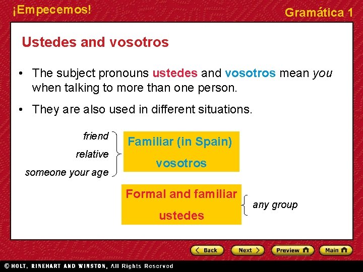 ¡Empecemos! Gramática 1 Ustedes and vosotros • The subject pronouns ustedes and vosotros mean