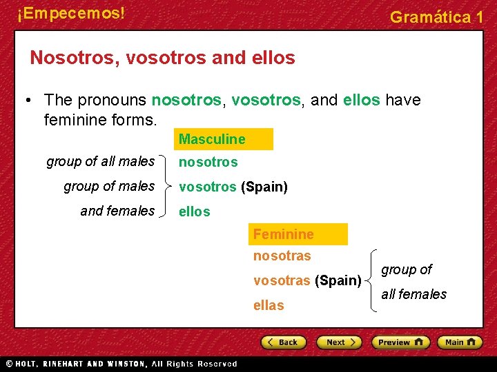 ¡Empecemos! Gramática 1 Nosotros, vosotros and ellos • The pronouns nosotros, vosotros, and ellos