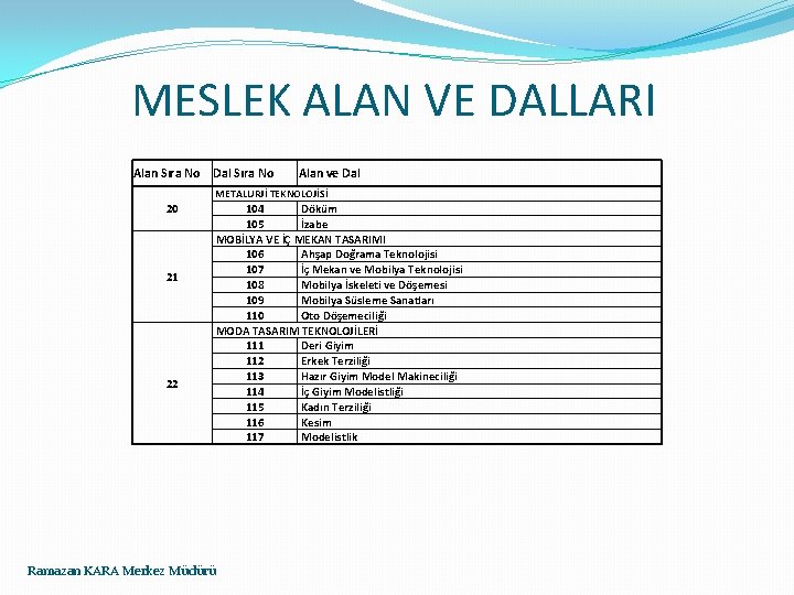 MESLEK ALAN VE DALLARI Alan Sıra No Dal Sıra No Alan ve Dal METALURJİ