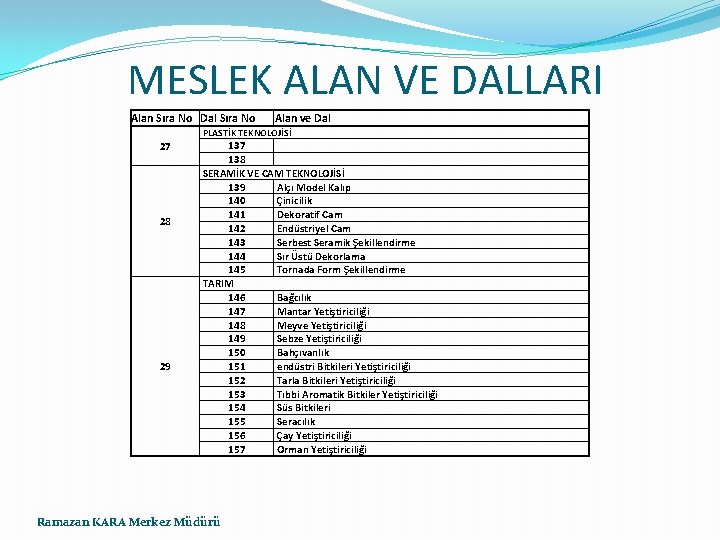 MESLEK ALAN VE DALLARI Alan Sıra No Dal Sıra No Alan ve Dal PLASTİK