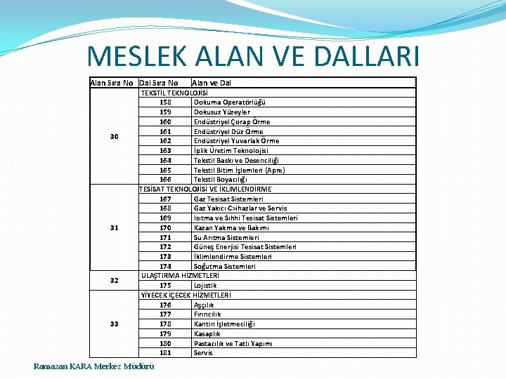 MESLEK ALAN VE DALLARI Alan Sıra No Dal Sıra No 30 31 32 33