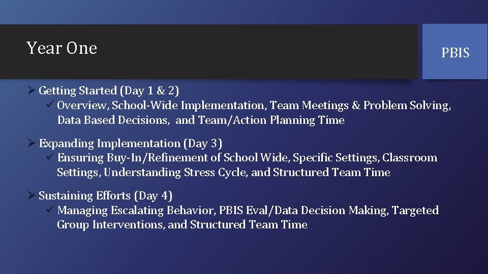 Year One PBIS Ø Getting Started (Day 1 & 2) ü Overview, School-Wide Implementation,