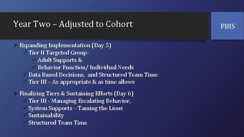 Year Two – Adjusted to Cohort Ø Expanding Implementation (Day 5) ü Tier II