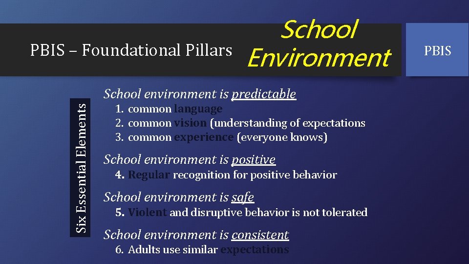 PBIS – Foundational Pillars School Environment Six Essential Elements School environment is predictable 1.