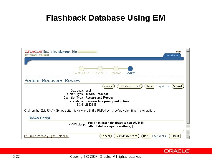 Flashback Database Using EM 9 -22 Copyright © 2004, Oracle. All rights reserved. 