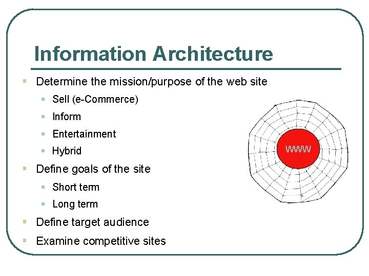 Information Architecture § Determine the mission/purpose of the web site § Sell (e-Commerce) §